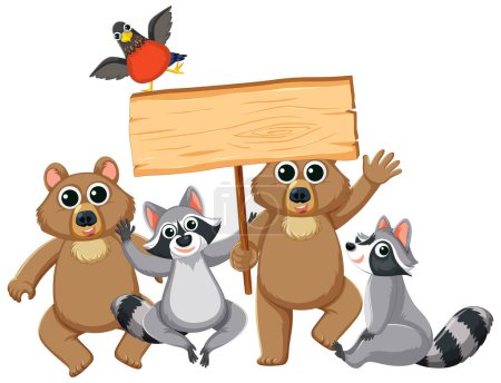 Téléchargez les illustrations : Illustration vectorielle de dessins animés d'animaux sauvages avec panneau - en licence libre de droit