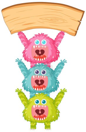 Téléchargez les illustrations : Créatures extraterrestres joyeux avec bannière en bois de conseil dans le style de dessin animé - en licence libre de droit