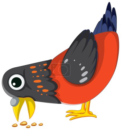 Téléchargez les illustrations : Un personnage de dessin animé oiseau mignon mangeant joyeusement de la nourriture - en licence libre de droit