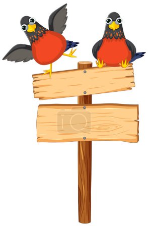 Téléchargez les illustrations : Oiseaux de dessin animé colorés perchés sur une bannière en bois - en licence libre de droit