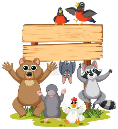 Téléchargez les illustrations : Illustration vectorielle de dessin animé d'animaux rassemblés sous un cadre en bois - en licence libre de droit