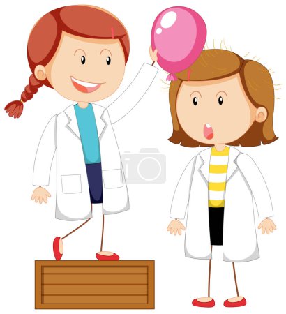 Illustration for A delightful cartoon scientist in a gown explores static electricity with a balloon - Royalty Free Image