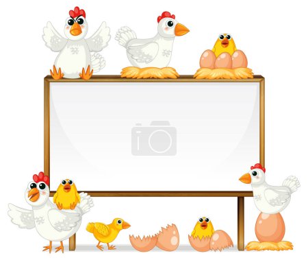 Illustration for Vector cartoon illustration of hen and chicks with egg in wooden frame - Royalty Free Image