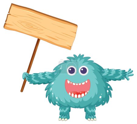 Illustration for A cheerful blue alien monster holding an empty signboard banner - Royalty Free Image