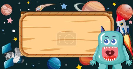Illustration for A vector cartoon illustration of an alien monster surrounded by a wooden border frame in outer space - Royalty Free Image