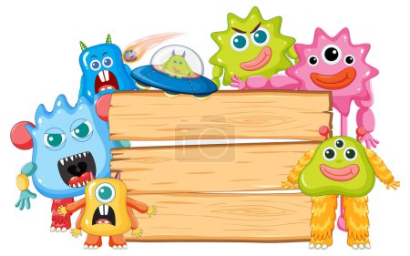 Illustration for Colorful cartoon aliens posing beside a wooden frame template - Royalty Free Image