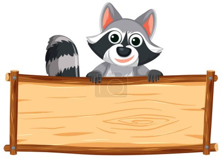 Ilustración de Adorable mapache escondido detrás de un marco de madera rústico - Imagen libre de derechos