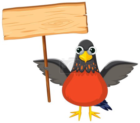 Illustration for Adorable bird cartoon character standing with a wooden banner - Royalty Free Image