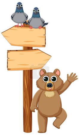 Téléchargez les illustrations : Illustration fantaisiste d'un ours et de pigeons près d'un panneau en bois - en licence libre de droit