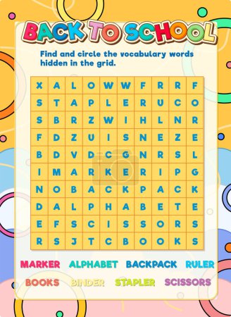 Illustration for A fun word search puzzle game template with hidden words to help learn English - Royalty Free Image