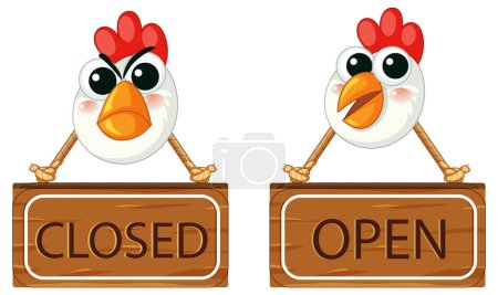 Illustration for Vector cartoon illustration of a chicken head on a wooden frame sign banner - Royalty Free Image
