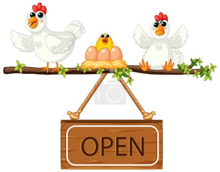 Illustration for Illustration of hens laying eggs on tree branch with a chick standing next to an open wooden sign - Royalty Free Image