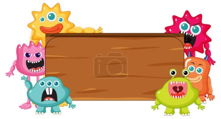 Illustration for Colorful vector cartoon characters of cute alien monsters displayed on a wooden frame - Royalty Free Image
