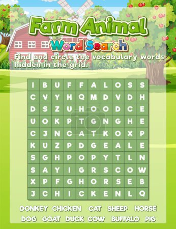 Illustration for A fun and educational word search game with a farm animals theme - Royalty Free Image