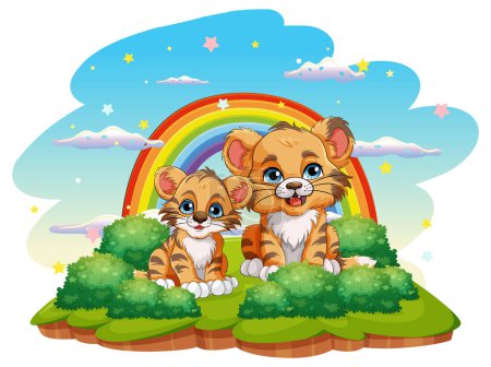 Illustration for Baby Tiger Cartoon Character with Rainbow in the Sky illustration - Royalty Free Image