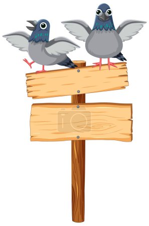 Illustration for Pigeons gathered around a wooden sign board with arrows - Royalty Free Image