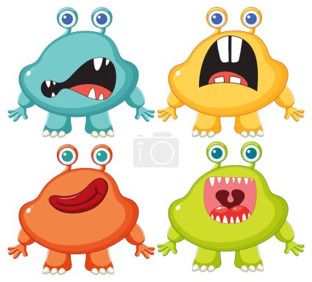 Ilustración de Una colección de adorables monstruos alienígenas en varios colores - Imagen libre de derechos