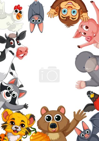 Ilustración de Animales de dibujos animados coloridos rodean un marco decorativo - Imagen libre de derechos