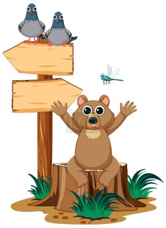 Ilustración de Oso de dibujos animados se encuentra en el tocón del árbol junto a signo direccional - Imagen libre de derechos