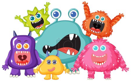 Ilustración de Un grupo de monstruos alienígenas lindos en una ilustración de dibujos animados amigable - Imagen libre de derechos