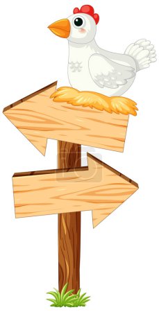 Illustration for Vector cartoon illustration of hen, eggs, and chick on wooden arrow board - Royalty Free Image