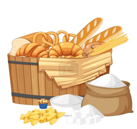 Téléchargez les illustrations : Illustration d'un tonneau en bois rempli de farine, représentant des pâtes et des glucides de boulangerie - en licence libre de droit