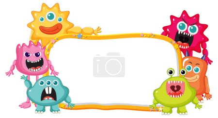 Ilustración de Dibujos animados vectoriales ilustración de monstruos adorables de pie junto a un marco de banner - Imagen libre de derechos