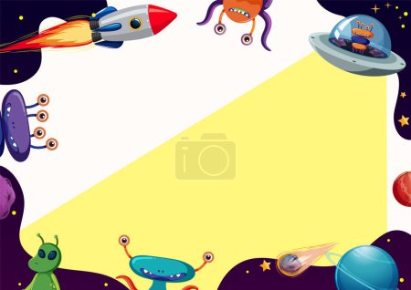 Illustration for Printable template featuring a cute alien cartoon character against an outer space background - Royalty Free Image
