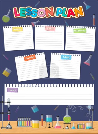 Illustration for A vector cartoon illustration of a paper notepad with lesson plans for each day of the week, focusing on science experiments in a laboratory setting - Royalty Free Image
