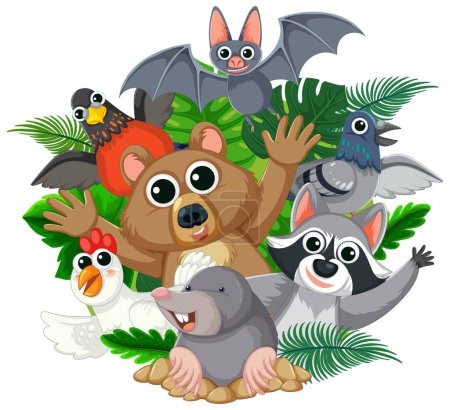 Illustration for Cute and lively cartoon illustration of wild animals surrounded by tropical plant leaves - Royalty Free Image