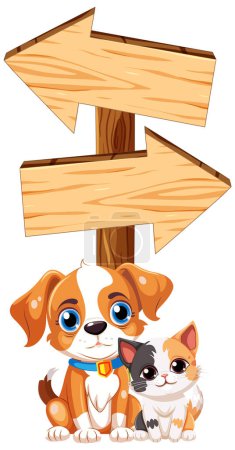 Téléchargez les illustrations : Mignon chien et chat debout ensemble sur une planche en bois - en licence libre de droit