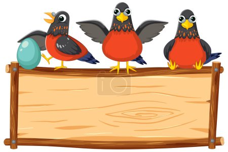 Illustration for Colorful cartoon birds gathered around a wooden board banner - Royalty Free Image
