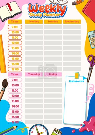 Illustration for A vector cartoon illustration of a weekly lesson plan divided by hours, with a note template, available for printing - Royalty Free Image