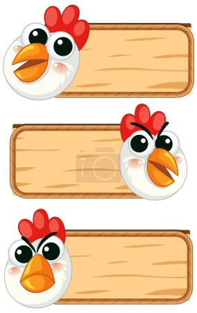 Illustration for Vector cartoon illustration of a chicken head on a wooden frame - Royalty Free Image