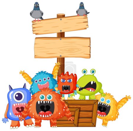 Ilustración de Una ilustración de dibujos animados vectoriales de adorables monstruos alienígenas apuntando hacia un signo de madera - Imagen libre de derechos