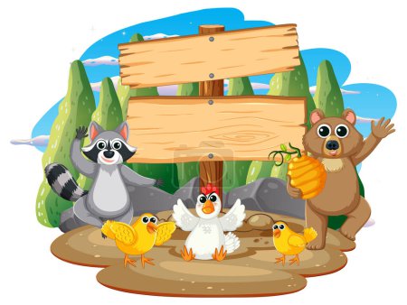 Téléchargez les illustrations : Illustration vectorielle vibrante présentant une variété d'animaux rassemblés autour d'une planche de bois - en licence libre de droit