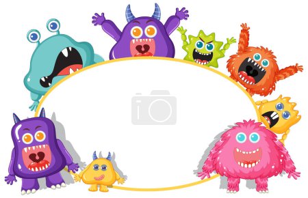 Téléchargez les illustrations : Un groupe d'adorables monstres extraterrestres dans un cadre de dessin animé - en licence libre de droit