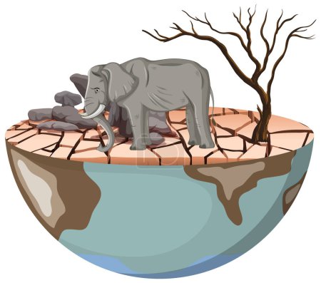 Ilustración de Ilustración de un elefante melancólico en un paisaje seco, simbolizando la deforestación - Imagen libre de derechos
