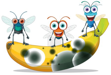 Téléchargez les illustrations : Décomposer la banane avec des mouches souriantes illustration - en licence libre de droit