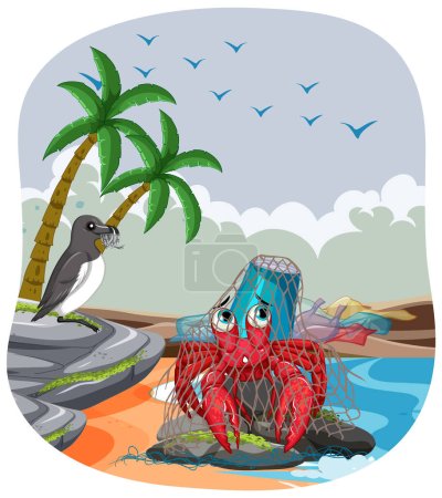 Illustration for Hermit crab uses plastic bottle as shell cover in polluted ocean - Royalty Free Image