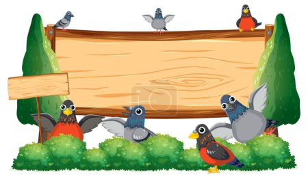 Illustration for A vibrant cartoon-style illustration featuring a variety of birds and pigeons gathered on a wooden board banner surrounded by trees and bushes - Royalty Free Image