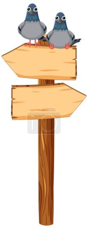 Illustration for Adorable cartoon pigeons standing and sitting on a wooden signboard - Royalty Free Image