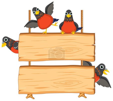 Ilustración de Aves coloridas encaramadas en un cartel de madera - Imagen libre de derechos