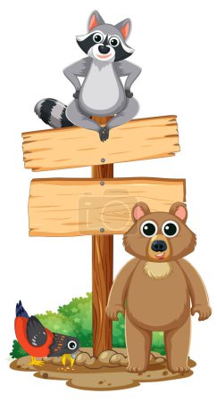 Illustration for A charming cartoon illustration featuring a bear, raccoon, and pigeon in a natural setting - Royalty Free Image