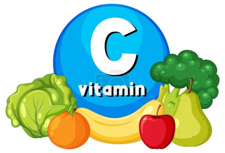 Illustration for Illustrated banner showcasing a variety of Vitamin C-rich foods - Royalty Free Image
