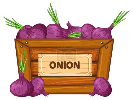 Illustration for Illustration of shallots in a wooden box with a sign banner - Royalty Free Image