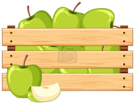 Illustrazione per Un cartone animato vettoriale raffigurante una cassa di legno piena di mele, isolata su uno sfondo bianco - Immagini Royalty Free