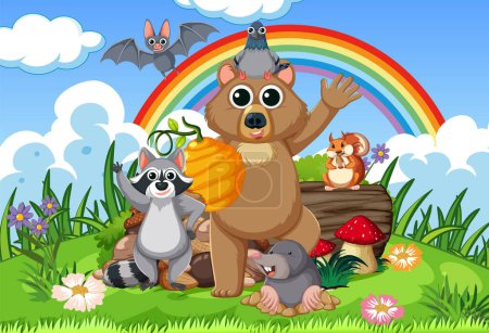 Illustration for Cartoon animals holding honey, waving hands, and flying with a rainbow - Royalty Free Image