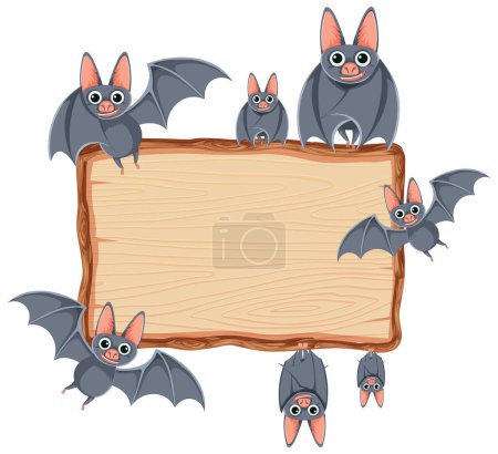 Téléchargez les illustrations : Illustration vectorielle de chauves-souris en vol perchées sur un cadre en bois - en licence libre de droit