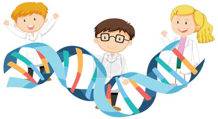 Téléchargez les illustrations : Illustration vectorielle d'un scientifique mignon portant une robe et tenant un signe ADN - en licence libre de droit